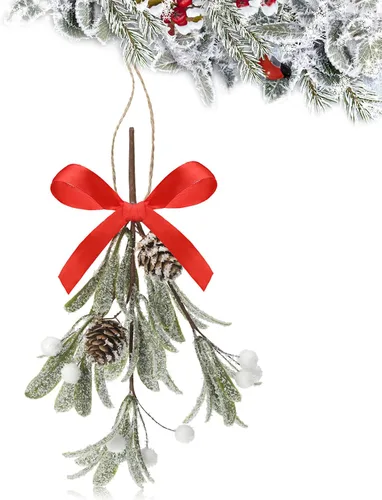 Vista 13 de Giegxin 1 pieza Adorno de Navidad Artificial de Muérdago Colgante con Lazo Rojo Bouquet de Adornos Colgantes de Navidad Floral con Piñas Naturales