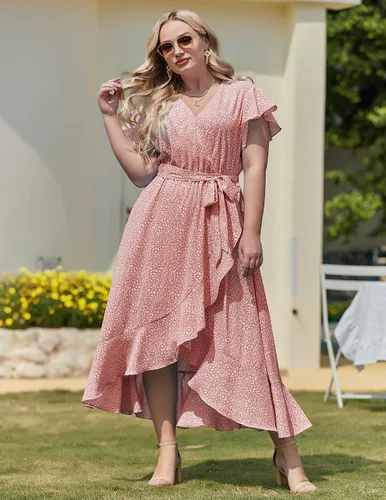 Vista 7 de IN'VOLAND Vestido de verano floral para mujer, talla grande, casual, cuello en V, manga corta, cinturón, playa, bohemio, maxi vestido