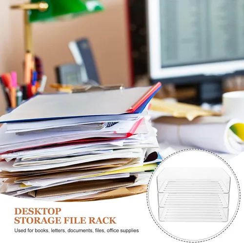 Vista 8 de Bandeja organizadora de escritorio apilable para papel y archivos, soporte ancho transparente para documentos que ahorra espacio, estante