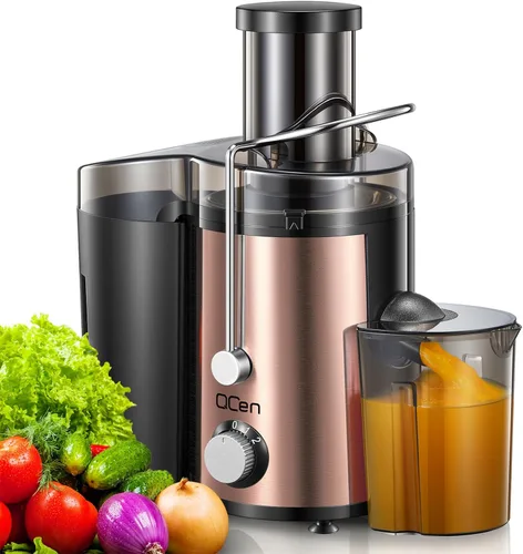 Vista 2 de QCen 800W Juicer Machine Rose Gold y paquete de botella de vidrio 6PCS