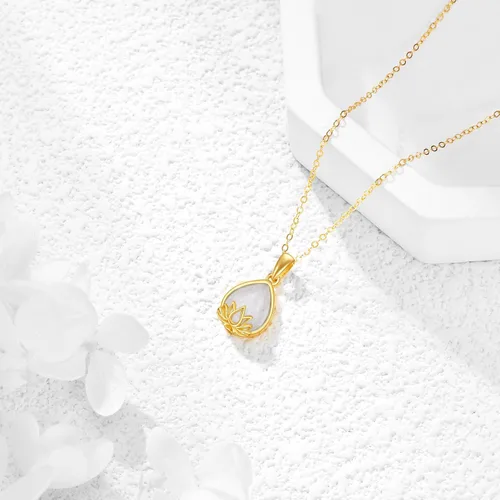Vista 4 de Collar con colgante de lotoárbol de la vida de oro de 14 quilates, diseño de lágrima de piedra lunar natural, joyería para el día de la madre