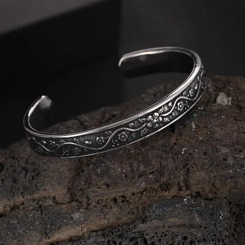 Vista 4 de YWMAN Pulsera floral vintage, brazalete de flores de acero inoxidable para mujer