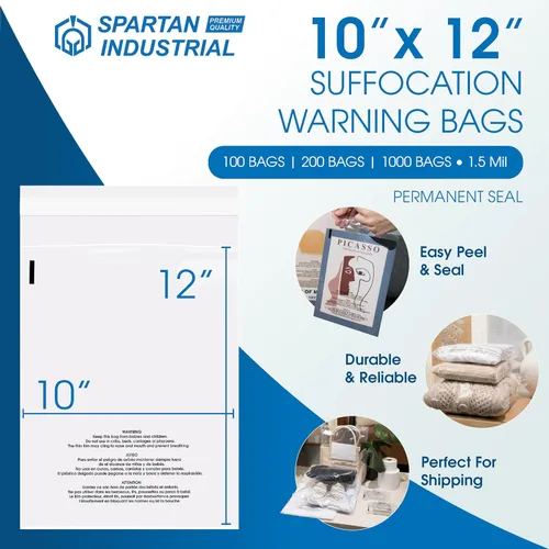 Vista 2 de Spartan Industrial - Bolsas de polietileno transparentes autosellantes de 10 x 12 pulgadas (1000 unidades) con advertencia de asfixia para embalaje