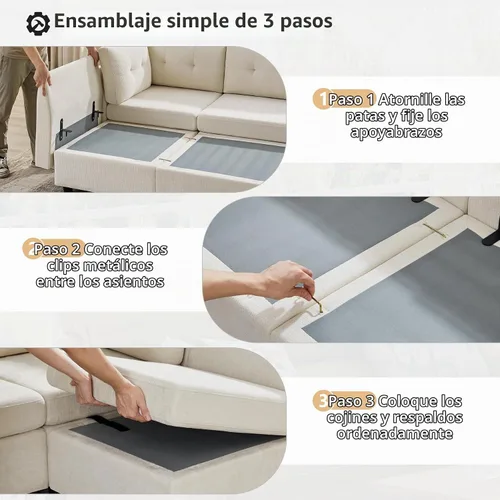 Vista 6 de VANOMi Sectional L-Shaped Sofa for Living Room, Modualr Sofa Couch, Beige