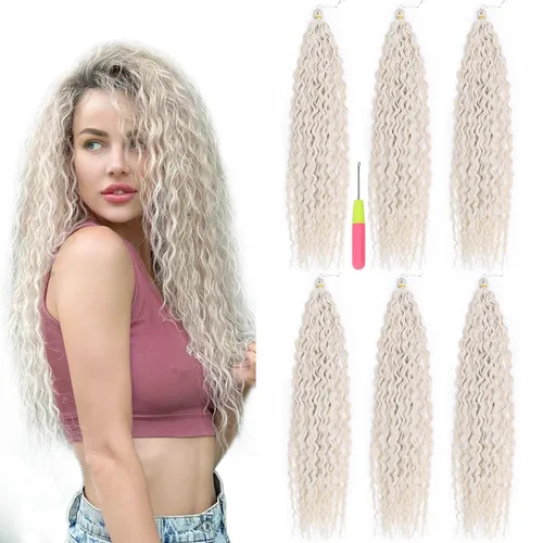 Vista 19 de Extensiones de cabello ondulado con ganchillo Ocean Wave de 18 pulgadas, 6 paquetes, extensiones de cabello de ganchillo sueltas de onda profunda #1B