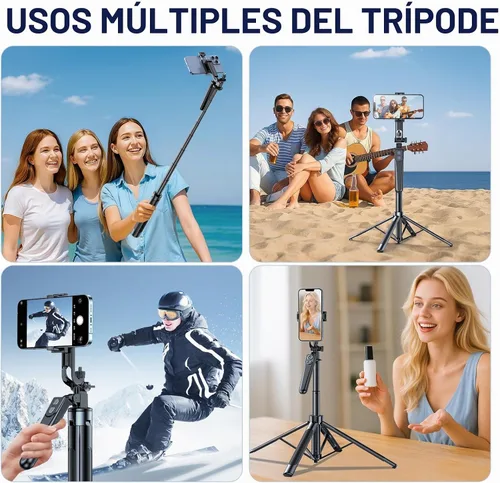 Vista 6 de Trípode Selfie Stick, trípode de 71 pulgadas para iPhone, rotación de 360° con control remoto inalámbrico, soporte portátil de aluminio para Negro