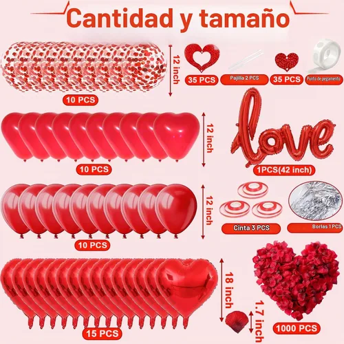 Vista 2 de Fecedy Globo de papel de aluminio en forma de amor y corazón, globos de látex redondos y en forma de corazón, globo de confeti, pétalos falsos