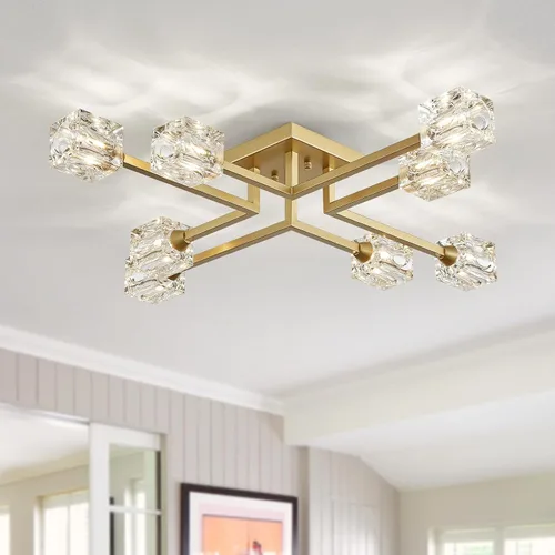 Vista 15 de XINGQI Lámpara de techo moderna de 6 luces, lámpara de montaje semiempotrado Sputnik, lámparas de araña doradas en negro para recámara, comedor