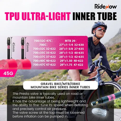 Vista 2 de RideNow TPU Road Bike Inner Tube, 2 Pack Gravel Bike Tube 700 x 32C-47C with 45mm/65mm/85mm Presta Valves, Ultra-Light Puncture Resistant Bicycle