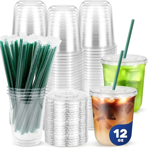 Vista 9 de 50PCS 14 oz Clear Plastic Cups with Lids and Dark Green Straws Transparente