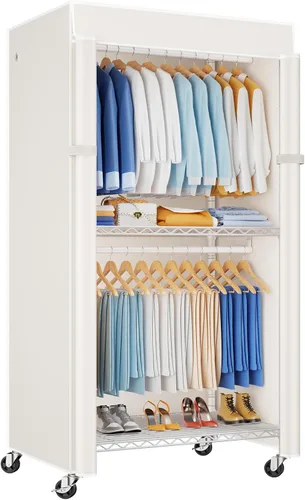 Vista 14 de ULIFHOME P8C Pro - Perchero resistente (con diseño de ancho extendido) para colgar ropa con ruedas bloqueables, 42 pulgadas de ancho x 15.8 pulgadas