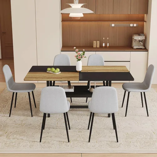 Vista 23 de Juego de mesa de comedor de 71 pulgadas para 6 personas con estante de almacenamiento, juego de mesa de comedor rectangular industrial moderna
