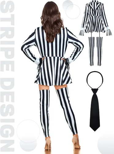 Vista 4 de Halloween Cosplay Set Women's Black White Striped Kit Vertical Stripe Blazer Movie Character Costume