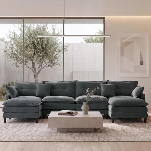 Vista 13 de Sofá de nube en forma de L de 73.5 pulgadas, sofá modular con mesa auxiliar otomana, sofá biplaza de pana con almohada, cómodo y moderno sofá