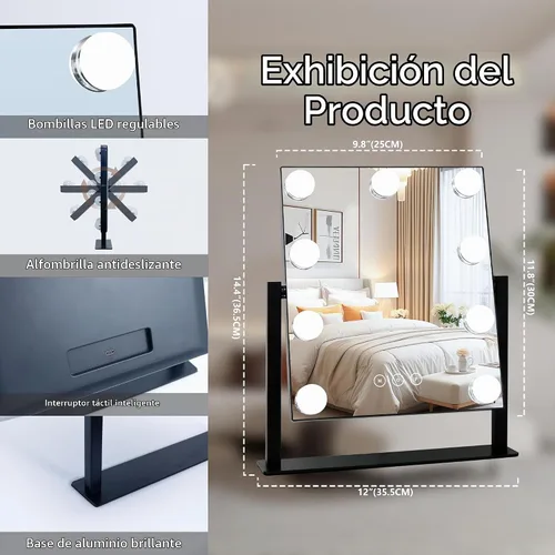 Vista 5 de Kotdning Espejo de tocador con luces, espejo de tocador iluminado con 9 bombillas regulables para vestidor y dormitorio, 3 modos de iluminación