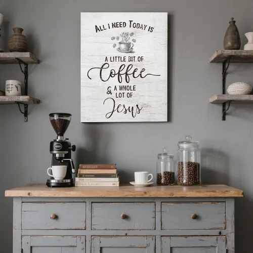 Vista 4 de Letrero inspirador de café cristiano, decoración de cocina de granja, All I Need Today is a Little Bit of Coffee & A Whole Lot of Jesus Quotes
