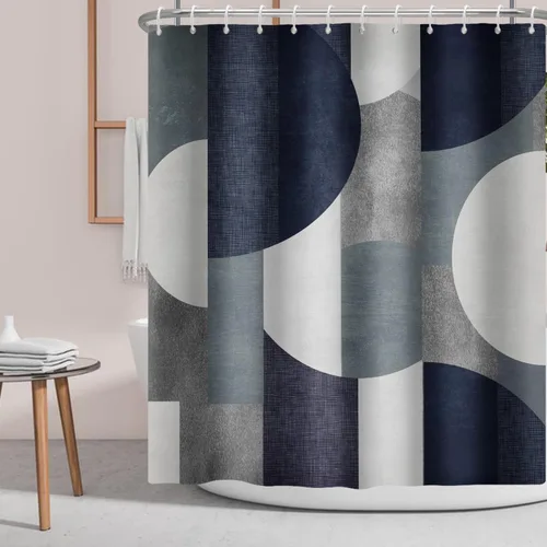 Vista 3 de Cortina de ducha azul marino con círculos geométricos abstractos y modernos, estilo contemporáneo, cortinas de ducha de tela impermeable gris