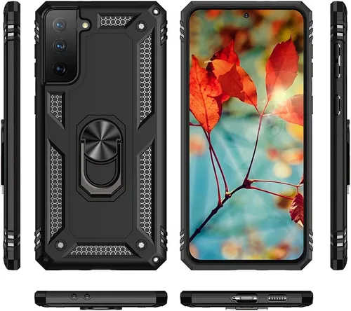 Vista 5 de Androgate Funda compatible con Samsung Galaxy S21 FE 5G con protectores de pantalla HD, soporte de anillo de metal de grado militar, prueba de Negro