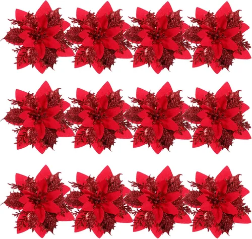 Vista 9 de Toyvian Flores de pascua artificiales con purpurina navideña, 12 adornos de flores para árbol de Navidad, decoración de fiesta de Navidad con 12 Rojo