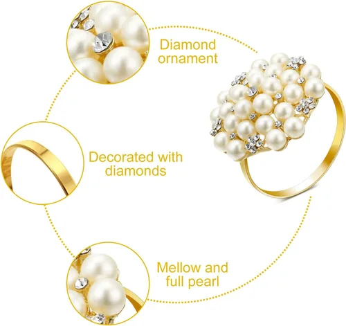 Vista 6 de Hotop 12 servilleteros dorados, perlas y flores, con diamantes de imitación, soportes redondos brillantes para bodas, fiestas, cenas, banquetes