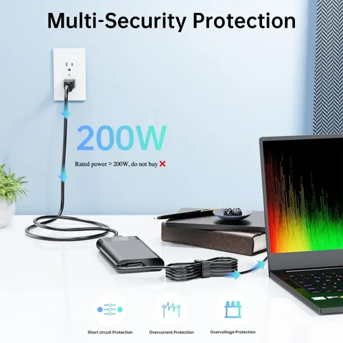 Vista 4 de Cargador para portátil de 200 W compatible con HP Victus 15 16, Omen/Pavilion Gaming 15 17, ZBook Fury 16 G8 G9 G10 G11 Cable de alimentación