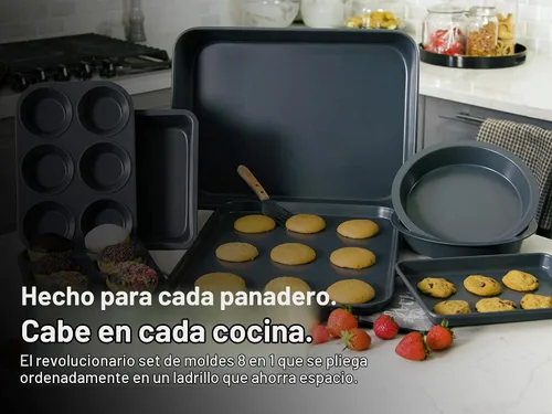 Vista 3 de Elbee Home - Juego de 8 piezas de acero aluminizado antiadherente, ahorro de espacio, con bandeja para asar profundamente, bandeja para galletas