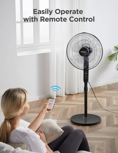 Vista 7 de PELONIS Ventilador de pie oscilante de 16 pulgadas Altura ajustable Motor DC ultra silencioso Control remoto 12 velocidades Temporizador