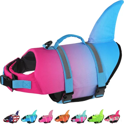 Vista 18 de Dogcheer - Chaleco salvavidas para perros, lindo diseño de tiburón para natación y navegación con flotabilidad superior y asa de rescate, chaleco