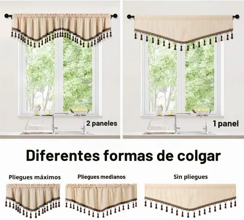 Vista 6 de ELKCA Cortinas de doble cara de felpilla para ventana de cocina, 52x18, bolsillo para barra, cenefa color beige para sala de estar, paquete de 1