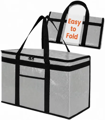 Vista 13 de Bolsa térmica XXL aislada y calentador de alimentos para entrega y compras de comestibles con parte superior con cremallera, color negro