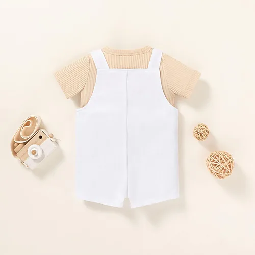 Vista 4 de MBMSHEGH Conjunto de ropa de verano para bebé y niño, con parte superior acanalada y tirantes con botones