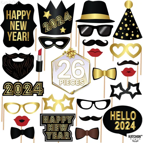 Vista 2 de Accesorios grandes para cabina de fotos de Año Nuevo 2023 – Paquete de 26 Accesorios de cabina de fotos de Año Nuevo de papel negro dorado