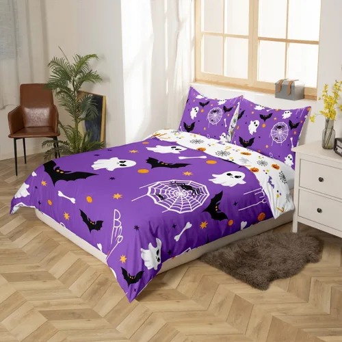 Vista 6 de Juego de ropa de cama de Halloween, funda de edredón gótica de murciélagos negros con telarañas, funda de edredón individual, diseño de arañas