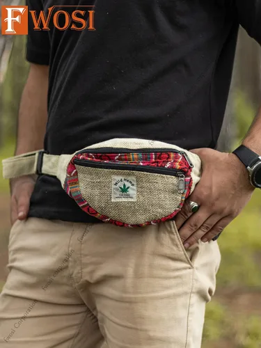 Vista 7 de FWOSI Hippie Style Riñonera de cáñamo puro para el vientre, para hombres y mujeres, para senderismo, viajes, bolsa de playa bohemia para uso