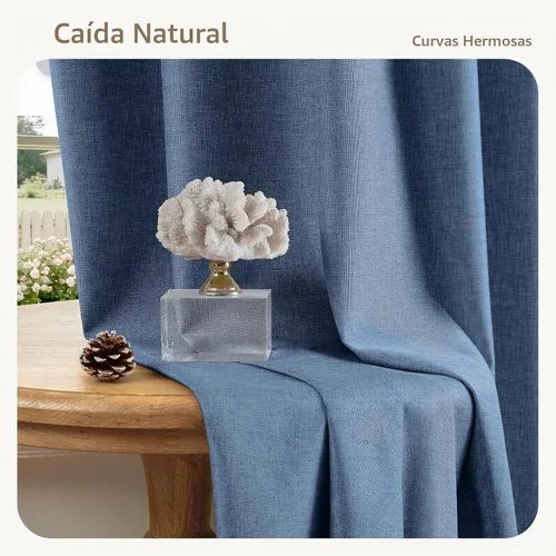 Vista 8 de HOMEIDEAS Cortinas de lino sintético azul polvoriento, 100% opacas, 96 Azul piedra