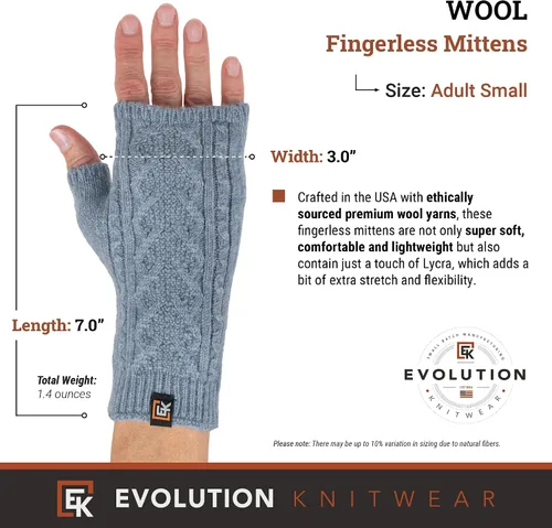 Vista 3 de Evolution Knitwear Guantes de lana de punto trenzado sin dedos, lana merino súper suave, fabricados en los Estados Unidos, talla S