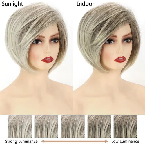 Vista 6 de TISHINING Pelucas rubias cortas en capas para mujeres blancas, longitud de la barbilla, color rubio ceniza, parte lateral, peluca Pixie Bob, cabello