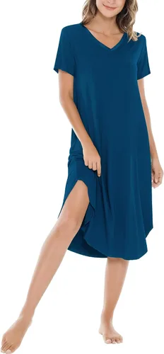 Vista 40 de NACHILA Bamboo Viscose Nightgowns for Women Cooling Short Sleeve Sleepshirt A-aqua Green