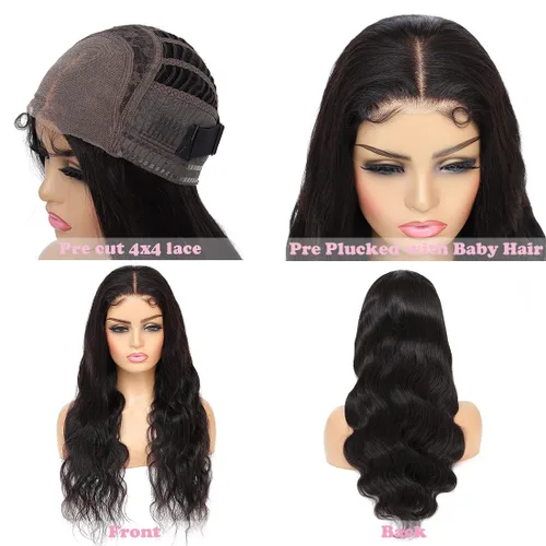 Vista 6 de Junoda Pelucas de cabello humano sin pegamento, precortadas 4x4 HD, encaje frontal, pelucas preblanqueadas con nudos pequeños, onduladas