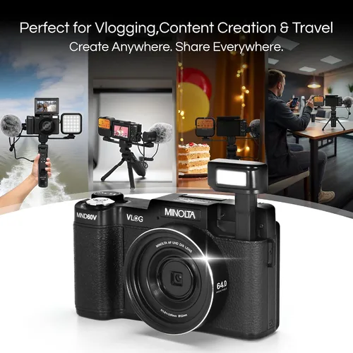 Vista 6 de Minolta Kit de cámara VLOG de 64MP 4K60FPS - Videocámara digital de enfoque automático con trípode, control remoto, micrófono, luz LED, pantalla LCD