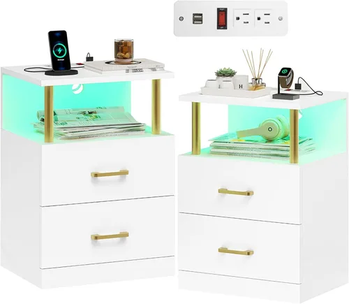 Vista 11 de VIAGDO - Mesa de noche negra con estación de carga y puertos USB, mesa de noche LED con 2 cajones, mesas de cabecera modernas con almacenamiento