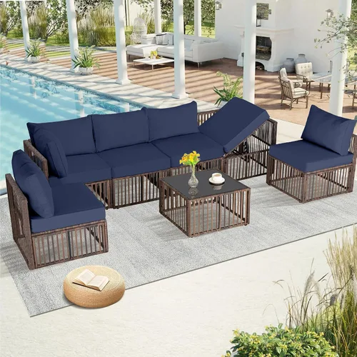 Vista 16 de FHFO 7 Piece Patio Furniture Set, Outdoor Wicker Sectional Sofa Set 1/ Gris Gris Claro