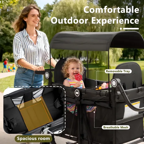 Vista 4 de Kinder King Cochecito Wagon para 2 niños, rueda absorbente de golpes, color Negro