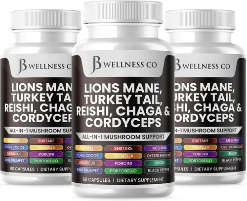Vista 9 de JB Wellness Co Suplemento de melena de león, apoyo cognitivo, salud inmunológica con cola de pavo 20 en 1, hongo Reishi Cordyceps Chaga con raíz