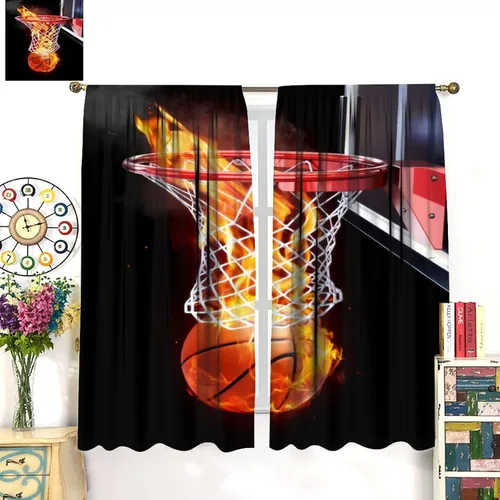Vista 3 de Cortinas deportivas de baloncesto para niños, patrón de llama de bola 3D naranja, 42 pulgadas de ancho x 45 pulgadas de largo