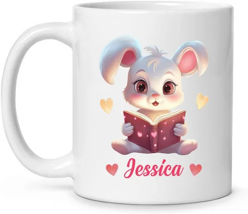 Vista 9 de Taza de viaje de cerámica personalizada de conejo, taza con nombre personalizado para los amantes de los conejos, taza de té con nombre temático