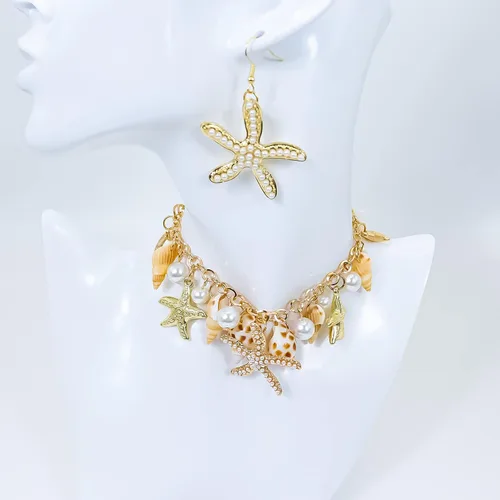 Vista 4 de Halawly Gargantilla de concha de cola de sirena, collar de moda con diseño de concha de mar y estrella de mar de perlas de imitación, collar grueso