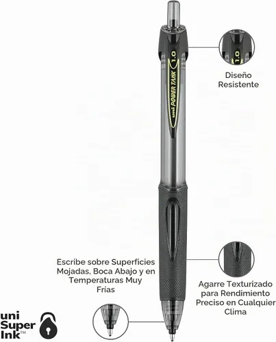 Vista 8 de Bolígrafos Uni-Ball Power Tank RT, punta mediana (1 mm), negro, paquete de 12