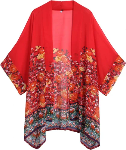Vista 3 de olrain - Cárdigan estilo kimono holgado y traslúcido, de gasa, con estampado floral, para mujer