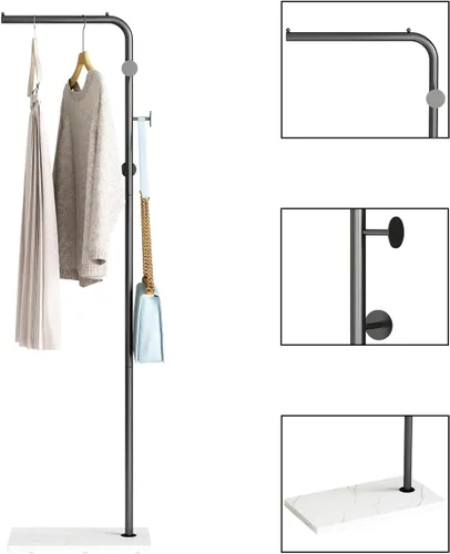 Vista 4 de Percheros de metal negro, perchero de pie con base pesada, moderno árbol de abrigo con barra transversal y 3 ganchos, percheros de entrada
